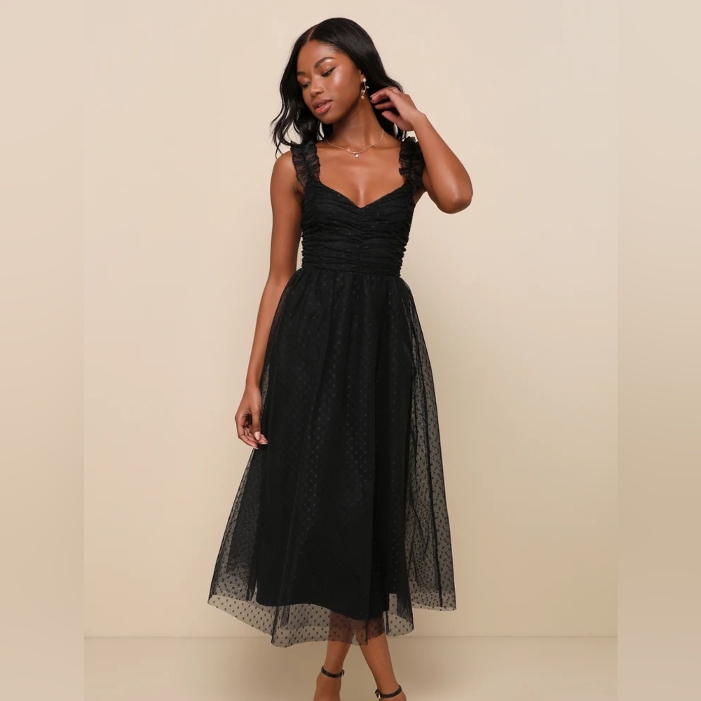 Lulus Forever Celebrated Black Swiss Dot Ruched Tulle Midi Dress